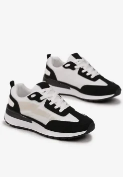 Czarno-Białe Sznurowane Sneakersy z Materiałowymi Wstawkami Aneril