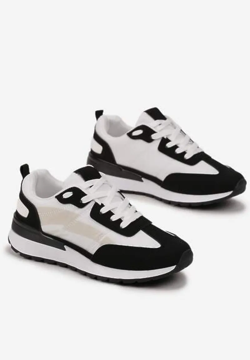Czarno-Białe Sznurowane Sneakersy z Materiałowymi Wstawkami Aneril