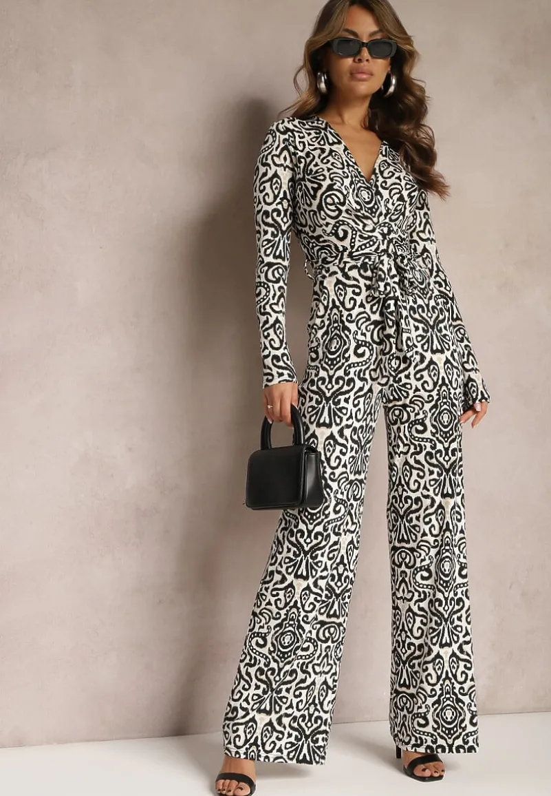 Czarno-Biały Długi Kombinezon z Ornamentalnym Wzorem i Wiązanym Paskiem Feniti
