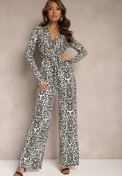 Czarno-Biały Długi Kombinezon z Ornamentalnym Wzorem i Wiązanym Paskiem Feniti