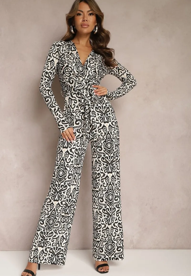 Czarno-Biały Długi Kombinezon z Ornamentalnym Wzorem i Wiązanym Paskiem Feniti