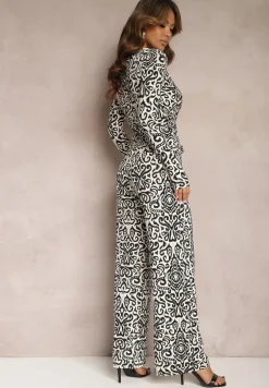 Czarno-Biały Długi Kombinezon z Ornamentalnym Wzorem i Wiązanym Paskiem Feniti