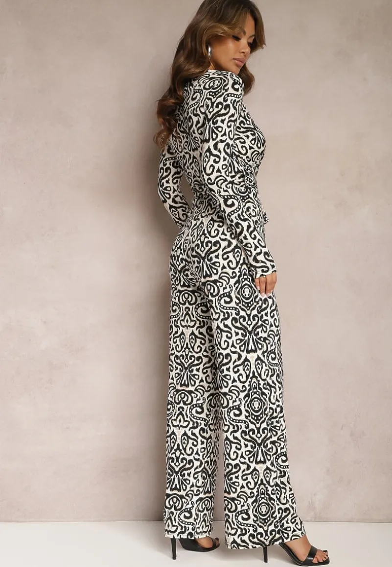 Czarno-Biały Długi Kombinezon z Ornamentalnym Wzorem i Wiązanym Paskiem Feniti