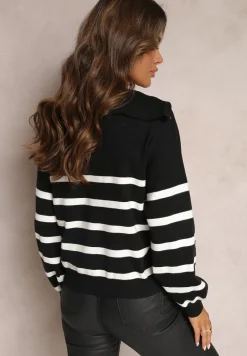Czarno-Biały Golf Sweter ze Ściągaczami w Paski Zapinany na Suwak Likatte