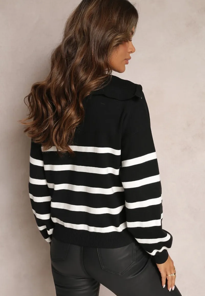 Czarno-Biały Golf Sweter ze Ściągaczami w Paski Zapinany na Suwak Likatte