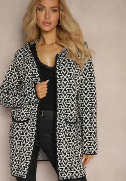Czarno-Biały Kardigan z Dodatkiem Wełny na Suwak z Kieszeniami i Kapturem Betiara