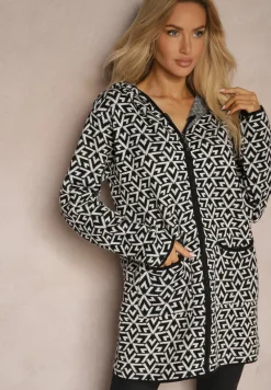 Czarno-Biały Kardigan z Dodatkiem Wełny na Suwak z Kieszeniami i Kapturem Betiara