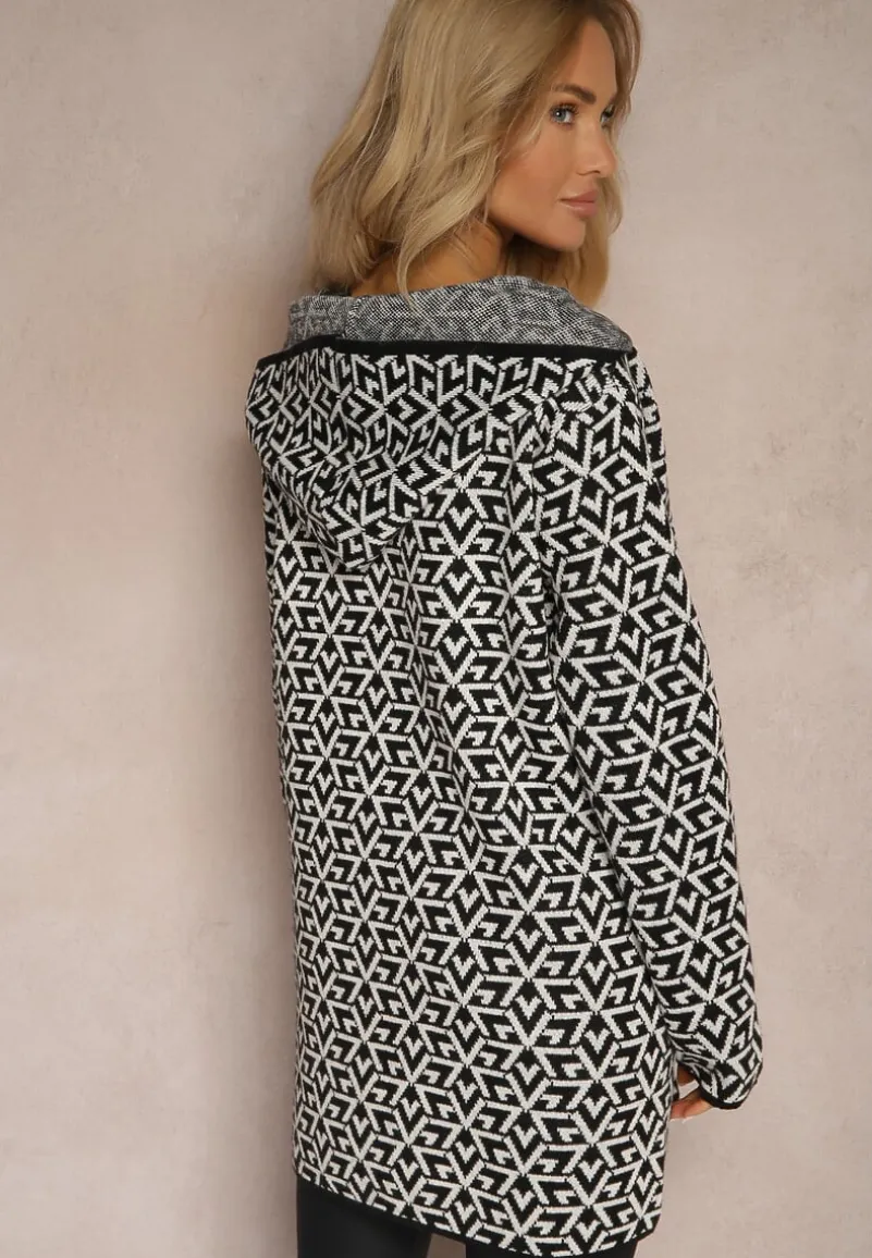 Czarno-Biały Kardigan z Dodatkiem Wełny na Suwak z Kieszeniami i Kapturem Betiara