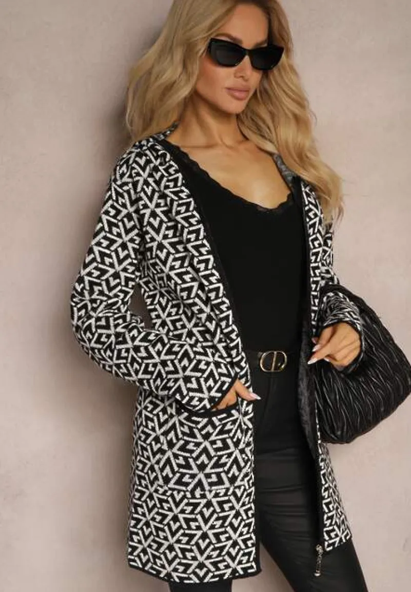 Czarno-Biały Kardigan z Dodatkiem Wełny na Suwak z Kieszeniami i Kapturem Betiara