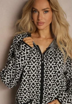 Czarno-Biały Kardigan z Dodatkiem Wełny na Suwak z Kieszeniami i Kapturem Betiara