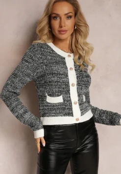 Czarno-Biały Kardigan Zapinany na Ozdobne Guziki z Metaliczną Nitką Flizome