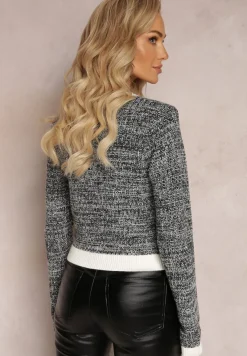 Czarno-Biały Kardigan Zapinany na Ozdobne Guziki z Metaliczną Nitką Flizome