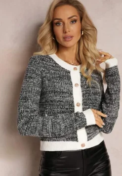 Czarno-Biały Kardigan Zapinany na Ozdobne Guziki z Metaliczną Nitką Flizome