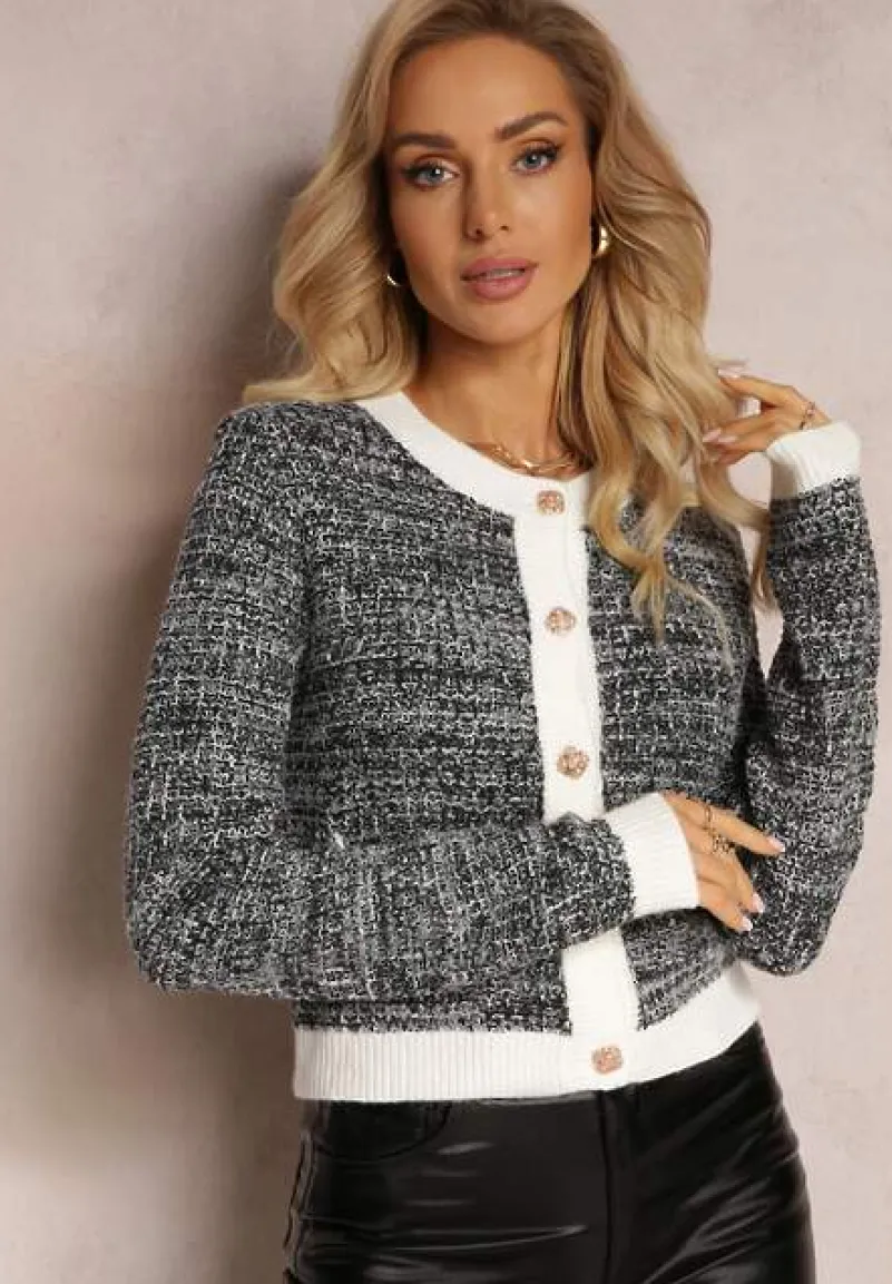 Czarno-Biały Kardigan Zapinany na Ozdobne Guziki z Metaliczną Nitką Flizome