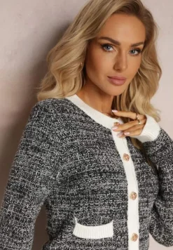 Czarno-Biały Kardigan Zapinany na Ozdobne Guziki z Metaliczną Nitką Flizome