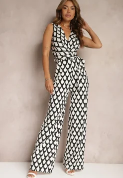Czarno-Biały Kombinezon o Taliowanym Kroju z Trójkątnym Dekoltem i Paskiem w Talii Geranea