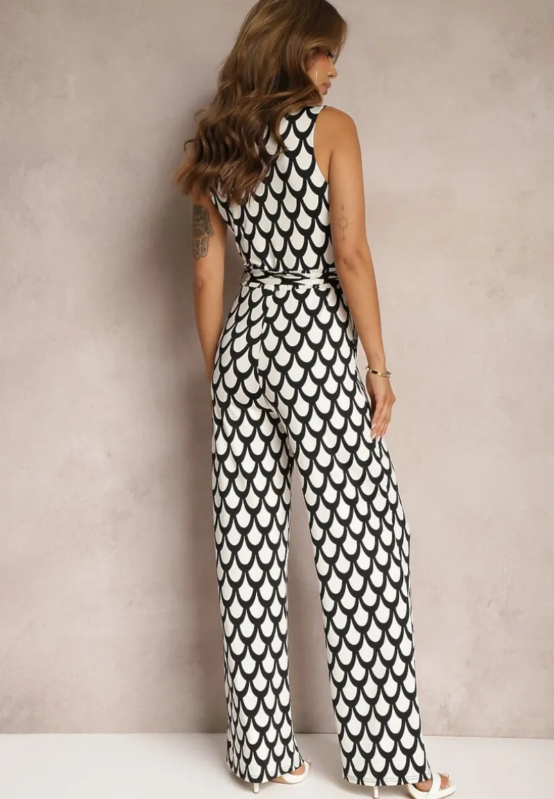 Czarno-Biały Kombinezon o Taliowanym Kroju z Trójkątnym Dekoltem i Paskiem w Talii Geranea