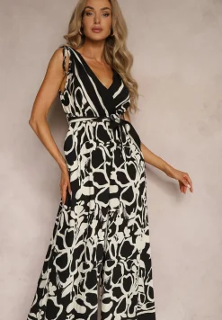 Czarno-Biały Kombinezon z Dodatkiem Wiskozy Paskiem w Talii i Kopertowym Dekoltem Paratia