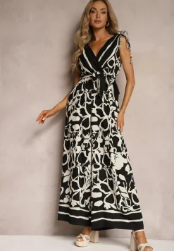 Czarno-Biały Kombinezon z Dodatkiem Wiskozy Paskiem w Talii i Kopertowym Dekoltem Paratia