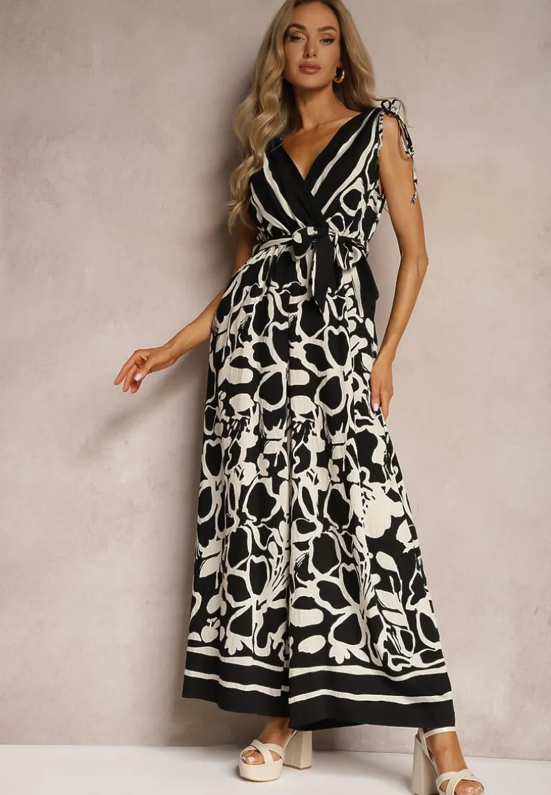 Czarno-Biały Kombinezon z Dodatkiem Wiskozy Paskiem w Talii i Kopertowym Dekoltem Paratia