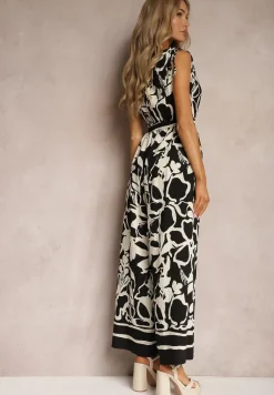 Czarno-Biały Kombinezon z Dodatkiem Wiskozy Paskiem w Talii i Kopertowym Dekoltem Paratia