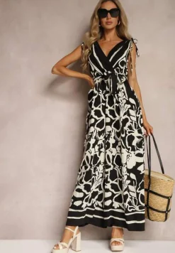 Czarno-Biały Kombinezon z Dodatkiem Wiskozy Paskiem w Talii i Kopertowym Dekoltem Paratia