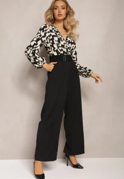 Czarno-Biały Kombinezon z Długimi Nogawkami i Kopertowym Dekoltem oraz Paskiem z Gumy Koretta