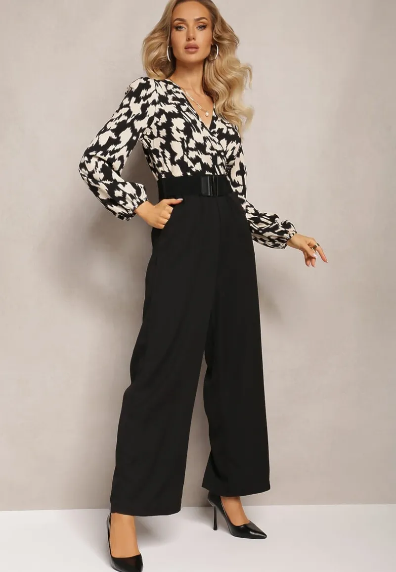Czarno-Biały Kombinezon z Długimi Nogawkami i Kopertowym Dekoltem oraz Paskiem z Gumy Koretta