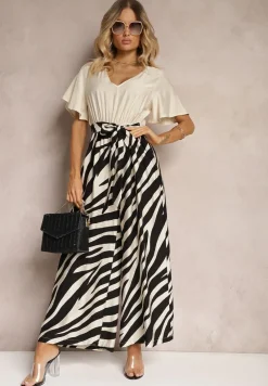 Czarno-Biały Kombinezon z Materiałowym Paskiem i Szerokimi Rękawami Nellda