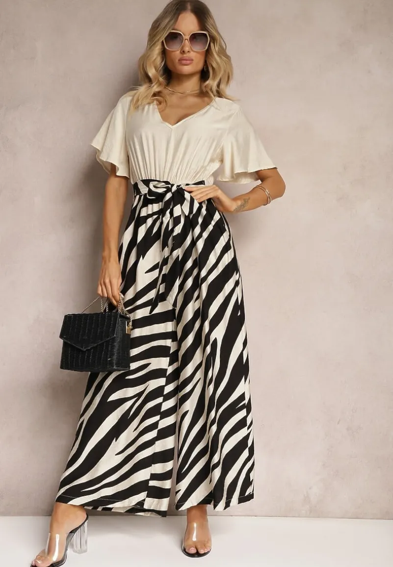 Czarno-Biały Kombinezon z Materiałowym Paskiem i Szerokimi Rękawami Nellda