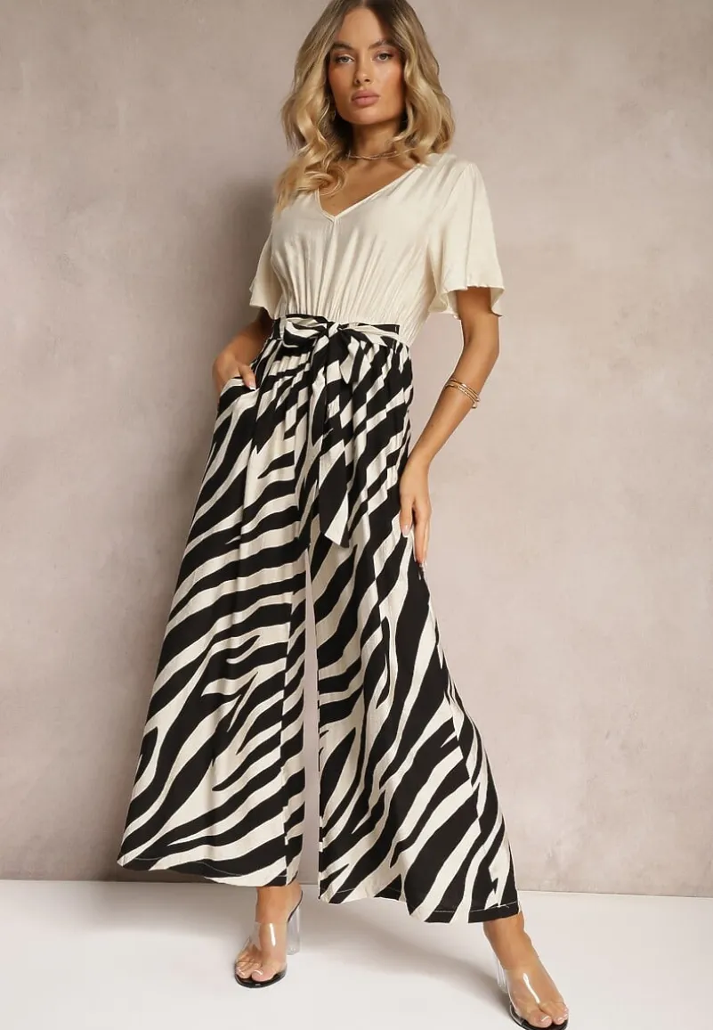 Czarno-Biały Kombinezon z Materiałowym Paskiem i Szerokimi Rękawami Nellda