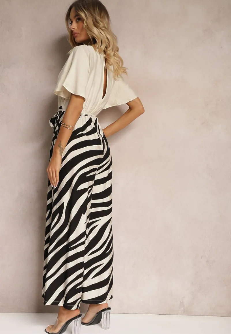 Czarno-Biały Kombinezon z Materiałowym Paskiem i Szerokimi Rękawami Nellda