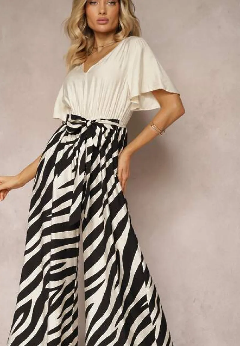 Czarno-Biały Kombinezon z Materiałowym Paskiem i Szerokimi Rękawami Nellda