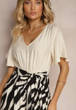 Czarno-Biały Kombinezon z Materiałowym Paskiem i Szerokimi Rękawami Nellda