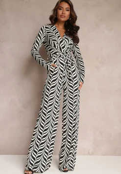 Czarno-Biały Kombinezon z Wiązanym Paskiem w Geometryczny Wzór Taso