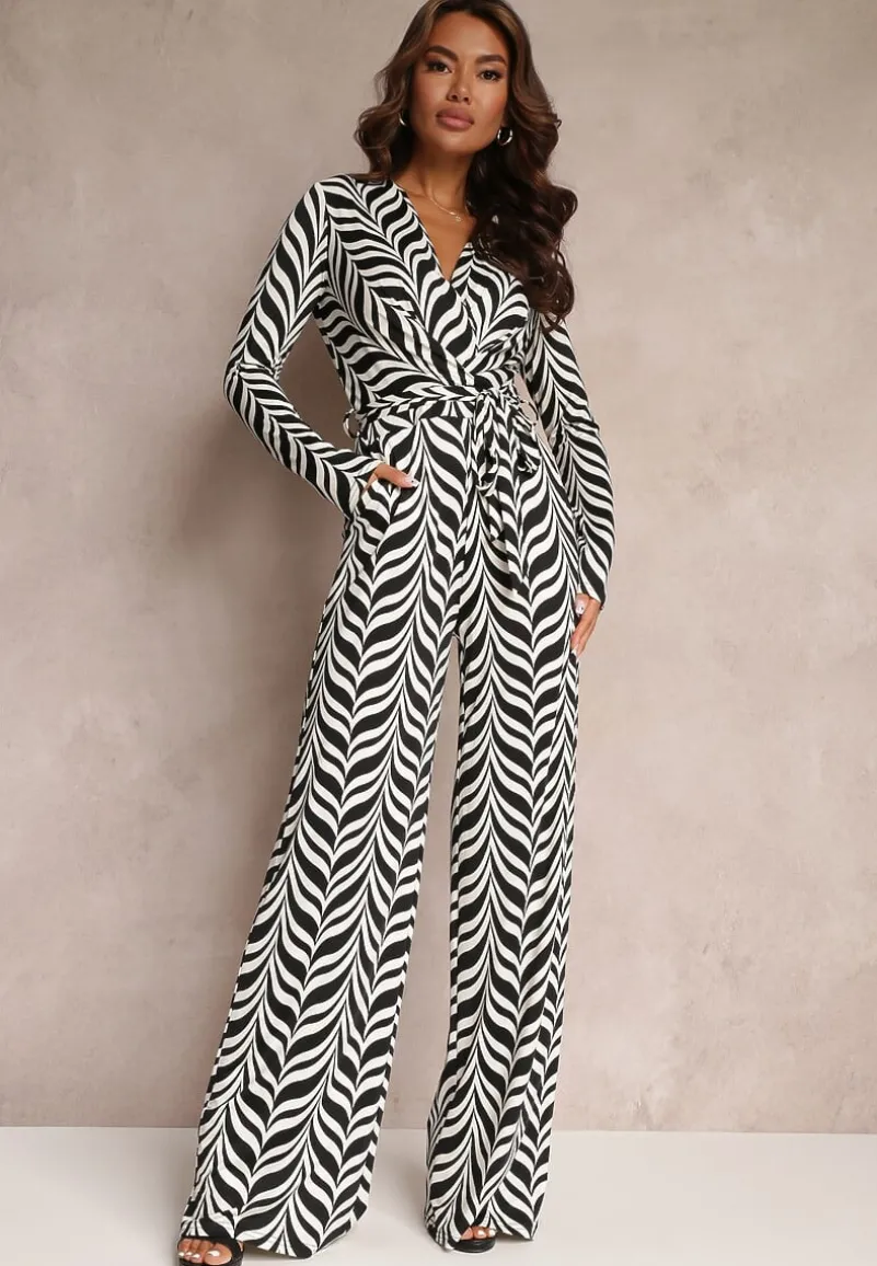 Czarno-Biały Kombinezon z Wiązanym Paskiem w Geometryczny Wzór Taso