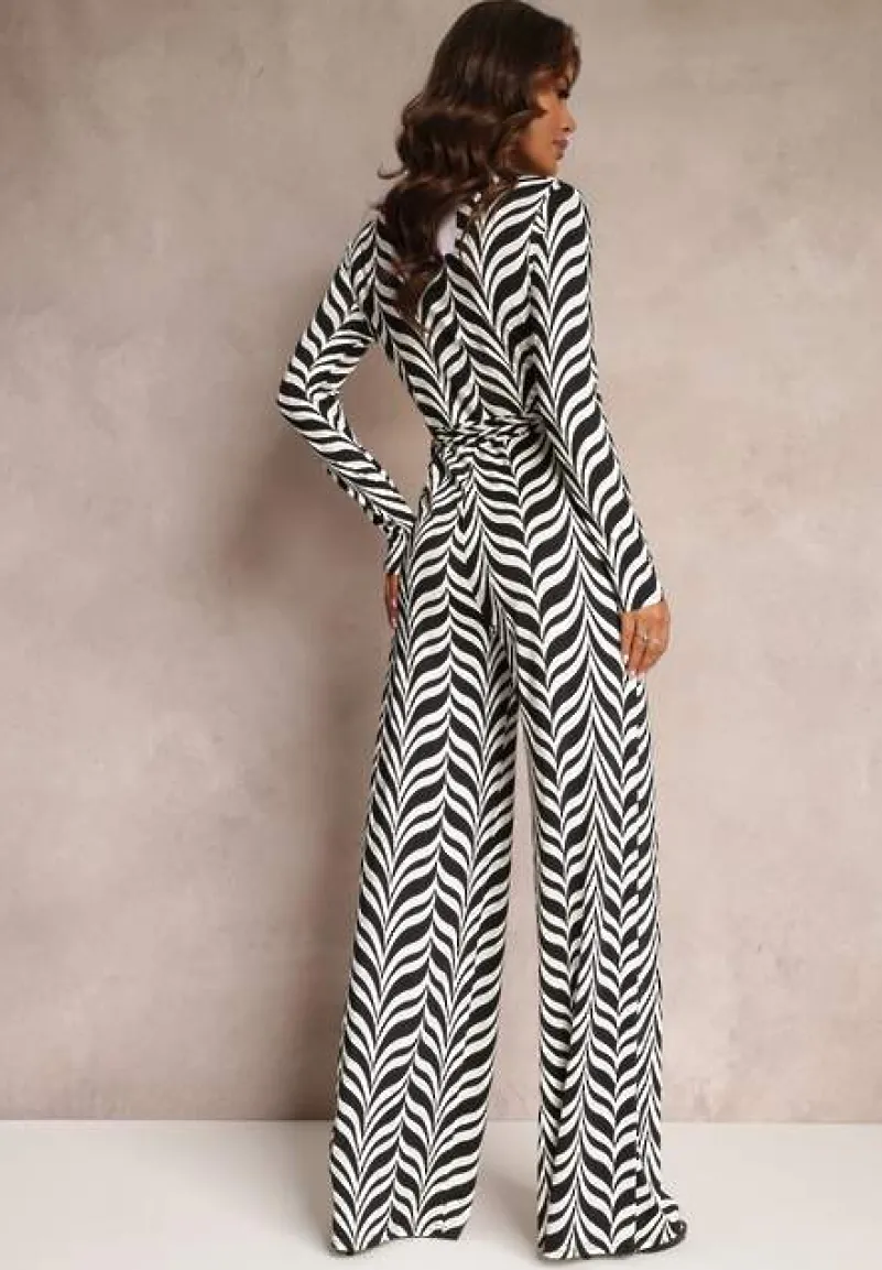 Czarno-Biały Kombinezon z Wiązanym Paskiem w Geometryczny Wzór Taso