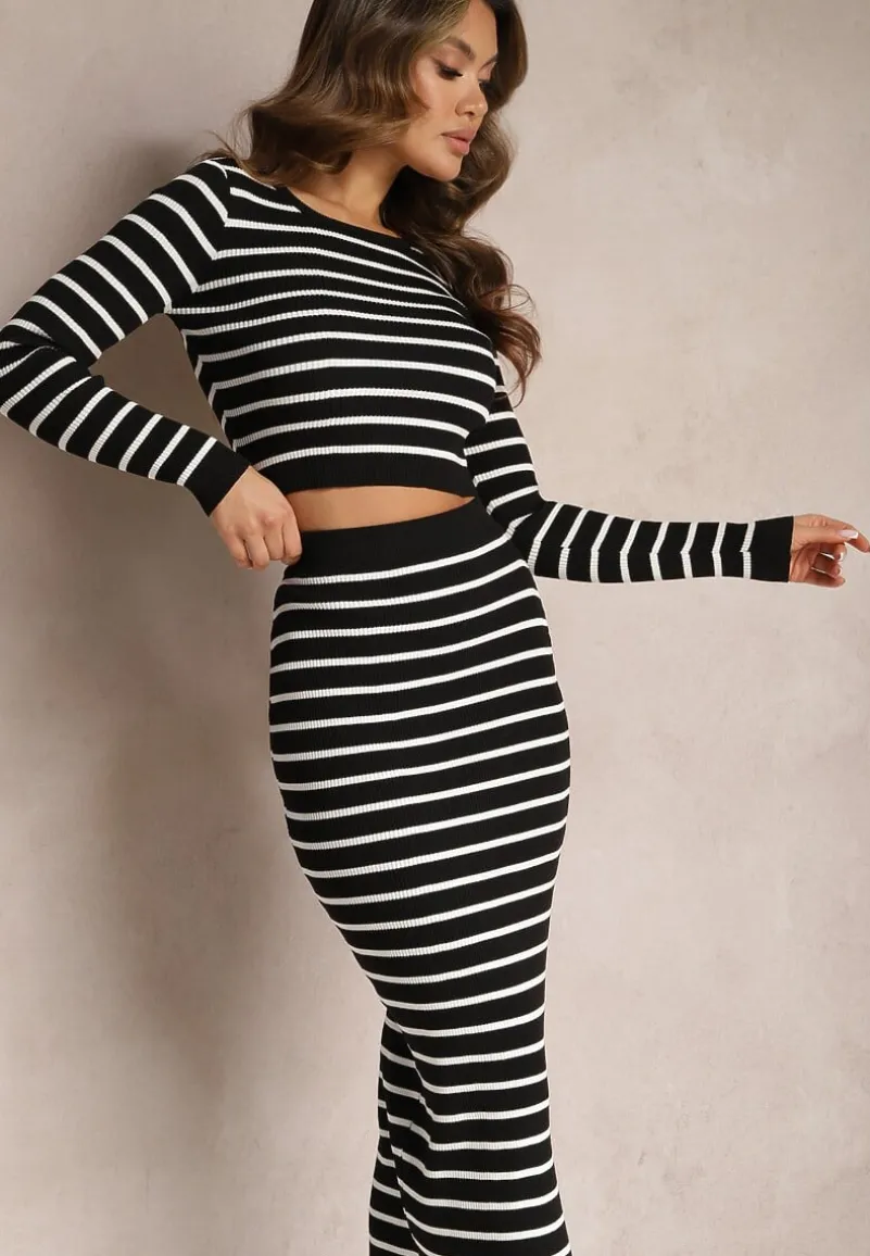 Czarno-Biały Komplet Dzianinowy z Ołówkową Spódnicą i Swetrem w Paski Arathalis