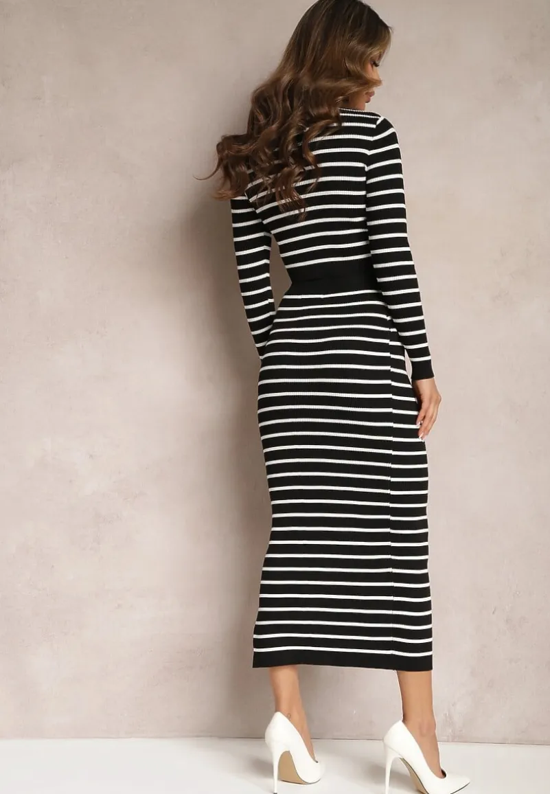 Czarno-Biały Komplet Dzianinowy z Ołówkową Spódnicą i Swetrem w Paski Arathalis