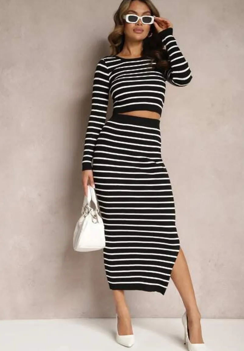 Czarno-Biały Komplet Dzianinowy z Ołówkową Spódnicą i Swetrem w Paski Arathalis