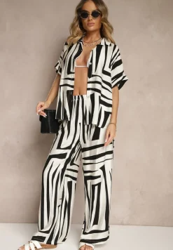 Czarno-Biały Komplet o Kroju Oversize z Lnem Koszula i Szerokie Spodnie Miravinia