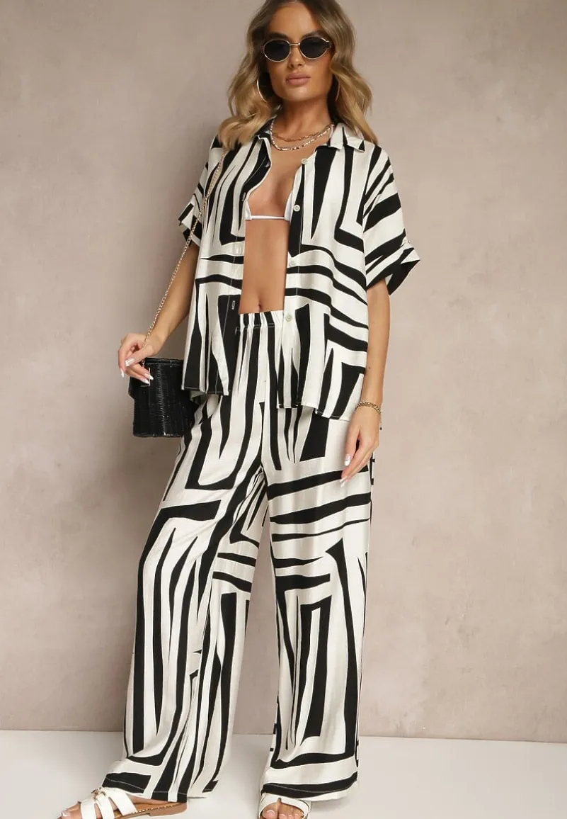 Czarno-Biały Komplet o Kroju Oversize z Lnem Koszula i Szerokie Spodnie Miravinia