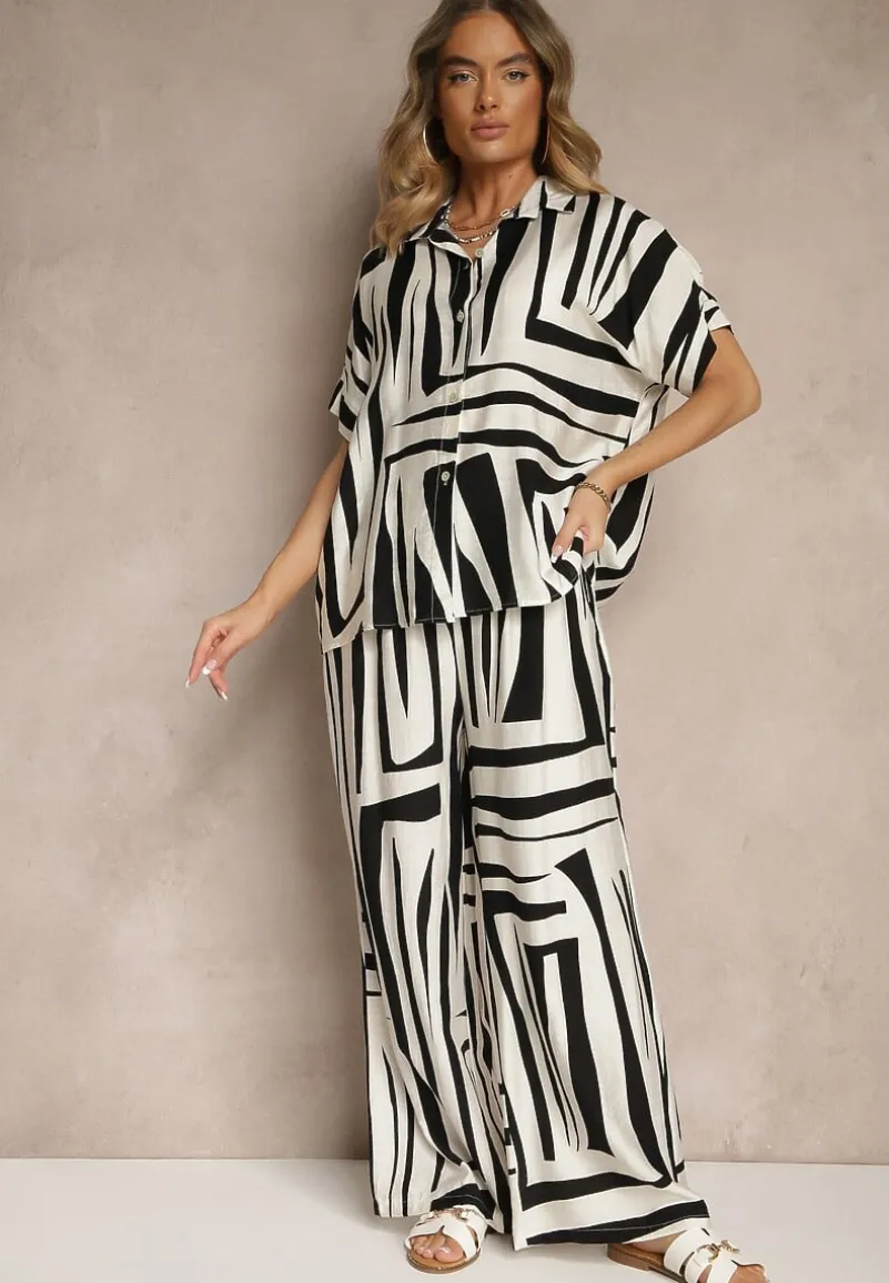 Czarno-Biały Komplet o Kroju Oversize z Lnem Koszula i Szerokie Spodnie Miravinia