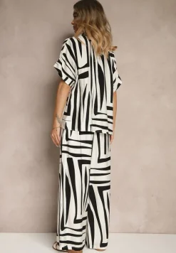 Czarno-Biały Komplet o Kroju Oversize z Lnem Koszula i Szerokie Spodnie Miravinia