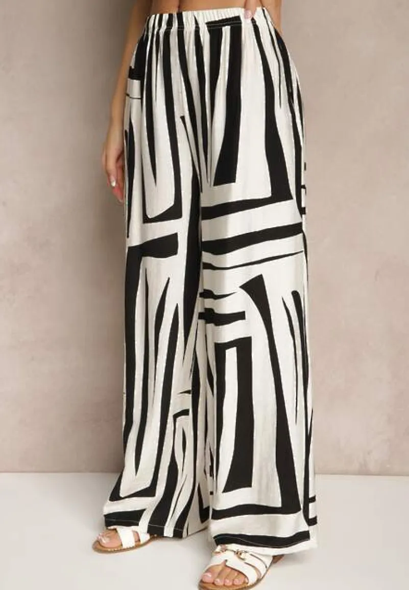 Czarno-Biały Komplet o Kroju Oversize z Lnem Koszula i Szerokie Spodnie Miravinia