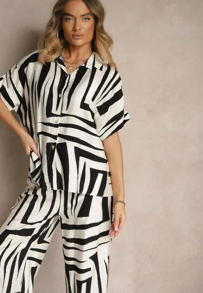 Czarno-Biały Komplet o Kroju Oversize z Lnem Koszula i Szerokie Spodnie Miravinia