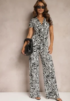 Czarno-Biały Kopertowy Kombinezon Taliowany z Szerokimi Nogawkami Talamla