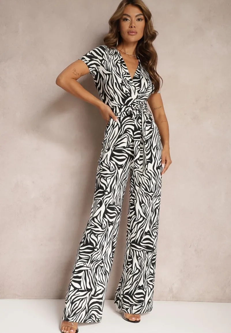 Czarno-Biały Kopertowy Kombinezon Taliowany z Szerokimi Nogawkami Talamla