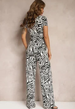 Czarno-Biały Kopertowy Kombinezon Taliowany z Szerokimi Nogawkami Talamla