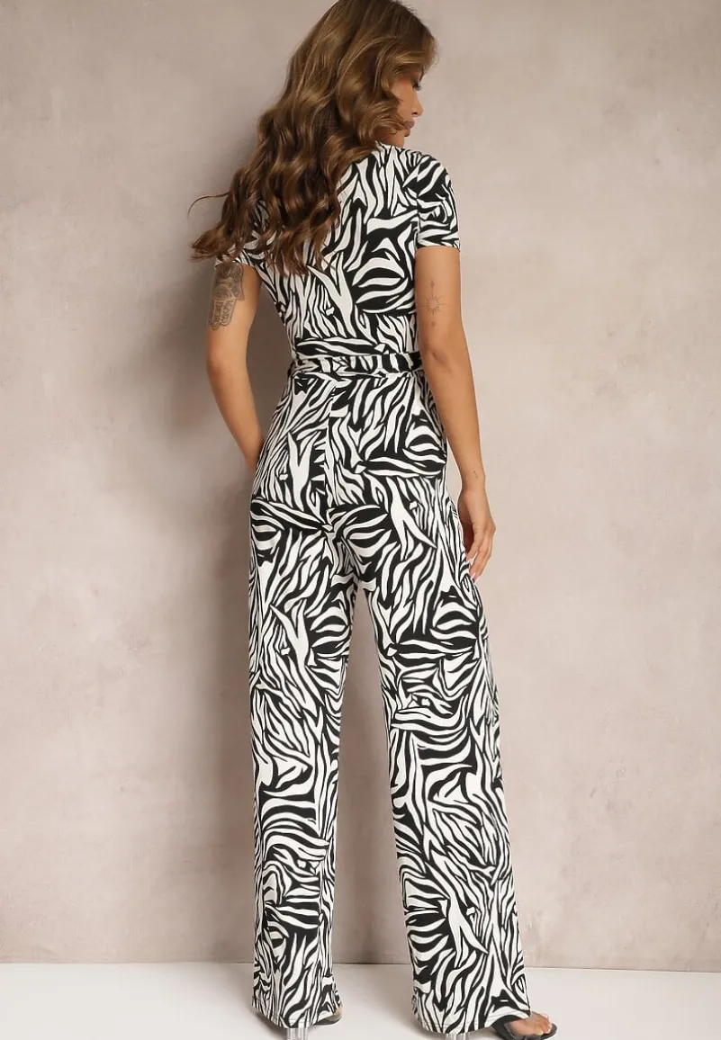 Czarno-Biały Kopertowy Kombinezon Taliowany z Szerokimi Nogawkami Talamla